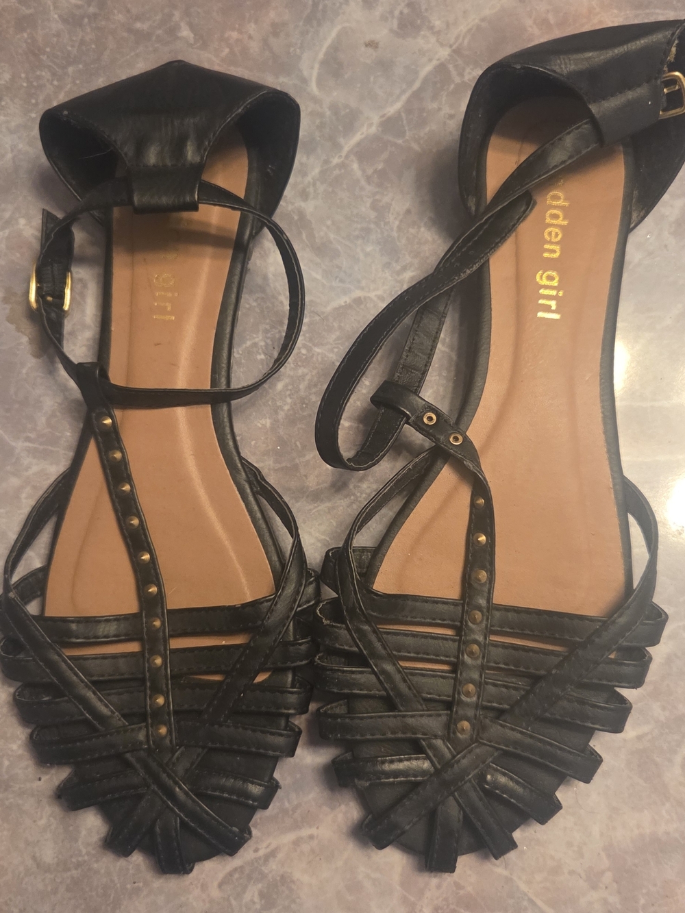 Madden Girl Black Strappy Studded Flat Sandals
